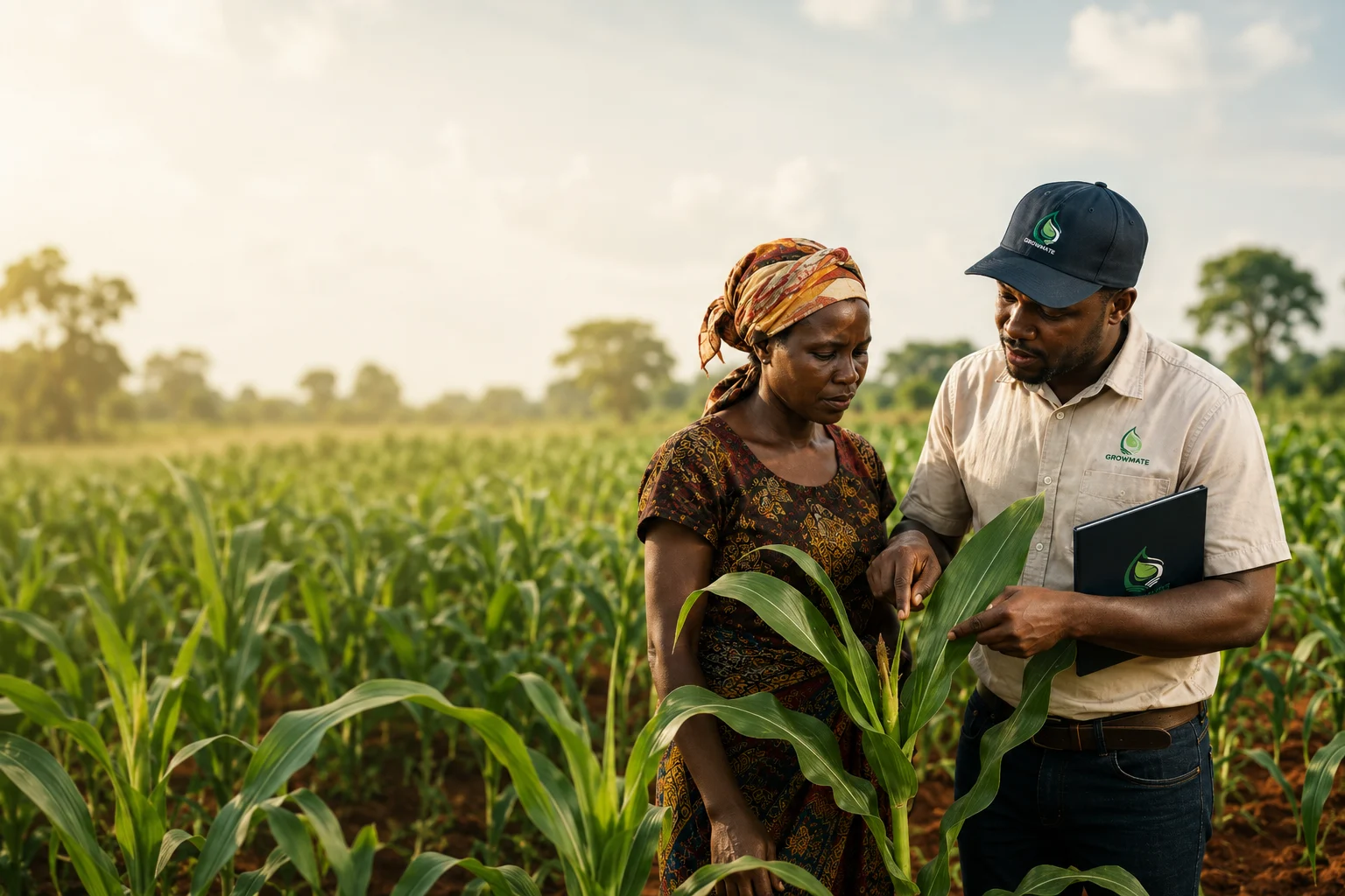 Farmer in a maize field supported by Growmate Uganda crop guidance